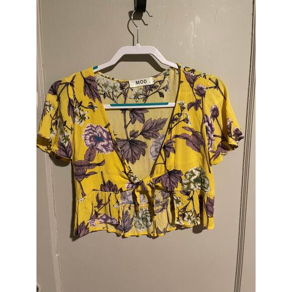 MOD, yellow floral tie front crop top, women's small - Picture 1 of 4